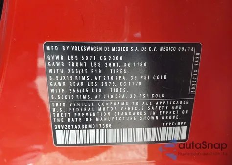 2019 Volkswagen Tiguan 2.0T Se/2.0T Sel/2.0T Sel R-Line/2.0T Sel R-Line Black из США, поврежденный, VIN 3VV2B7AX3KM017366